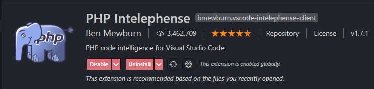 PHP Intelephense vscode extension